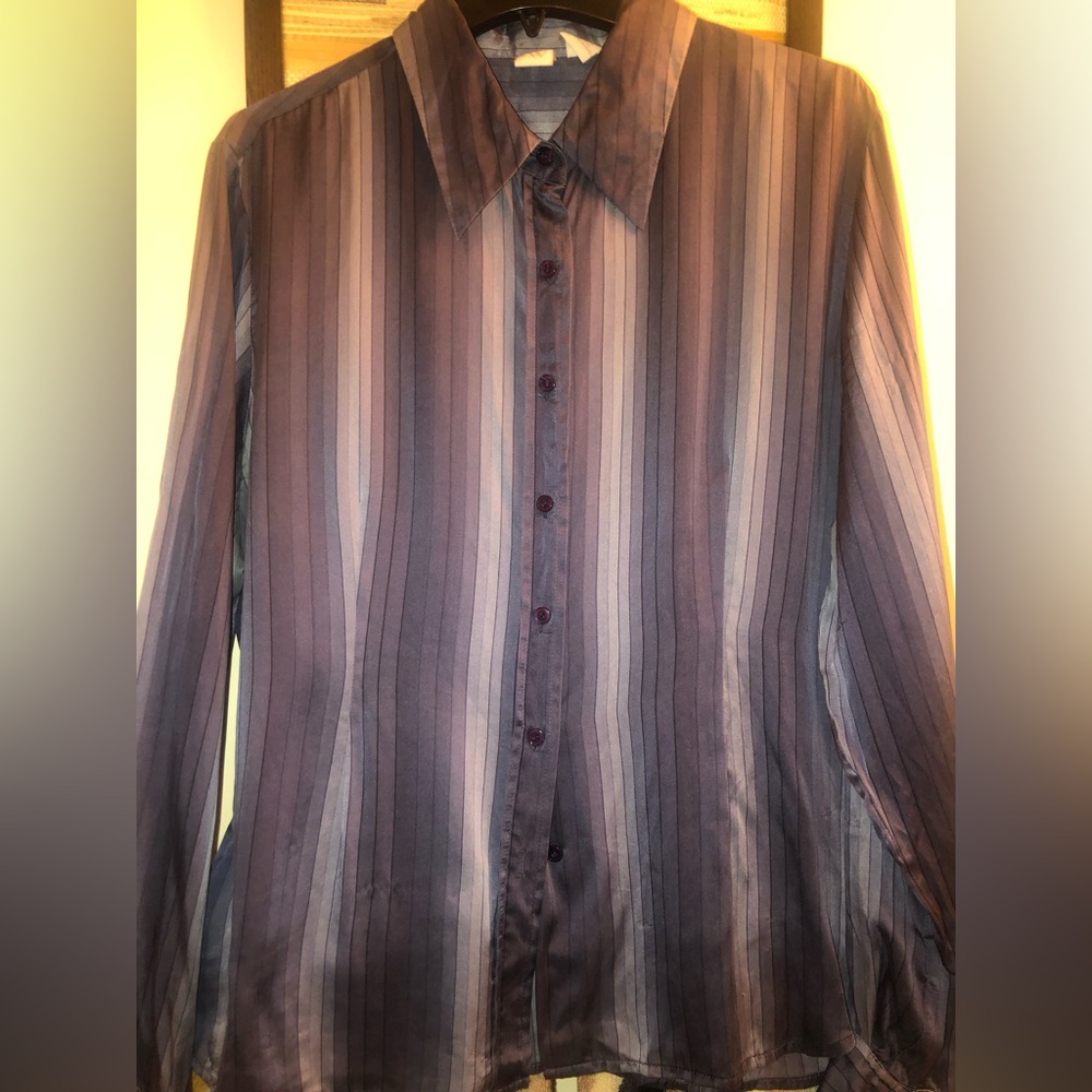 CW Silk Blue Striped Blouse 14 16 - Picture 1 of 6